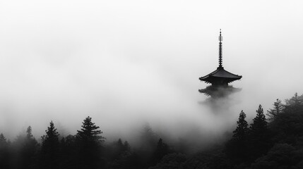 Ethereal Pagoda in the Misty Forest