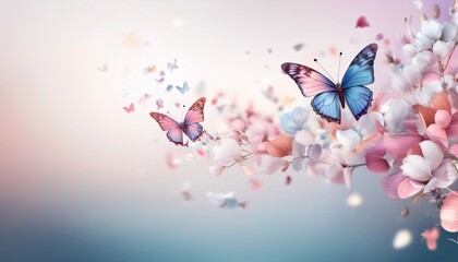 A couple of Butterfly flying and flowers petals blowing on pastel color calming creative background