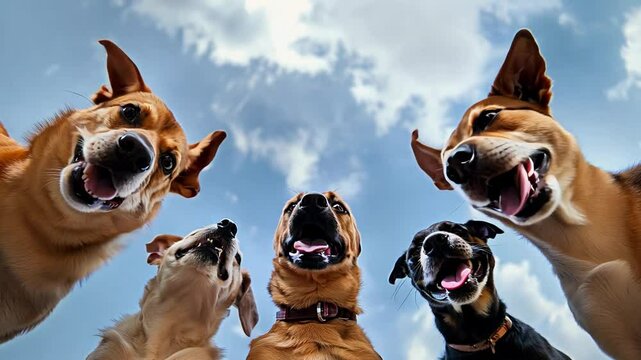 A cheerful group of dogs with playful expressions looks down at the camera against a bright blue sky, creating a joyful and friendly scene.