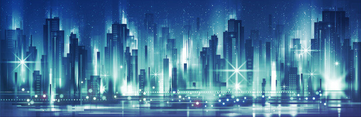 A vibrant digital illustration of a futuristic cityscape at night, showcasing skyscrapers with glowing neon lights. Perfect for illustrating technology, innovation, and urban environments.