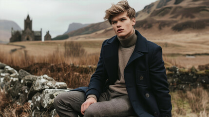 Fototapeta premium A guy in a jacket sits against the background of hills 
