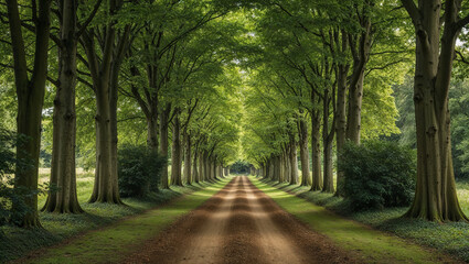 Straight path with towering trees in a serene forest setting