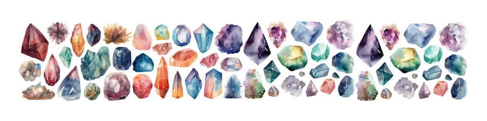 Watercolor minerals and crystals set. Magic rock illustration.