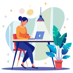 woman working on laptop at minimalist desk with plants