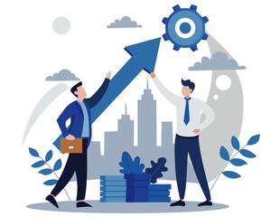 Business growth illustration with upward arrow and city skyline, symbolizing success and progress