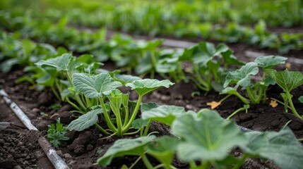 Obraz premium Close-up of lush green vegetable plants growing in rows in a garden. The soil is dark and rich, and the plants are thriving.