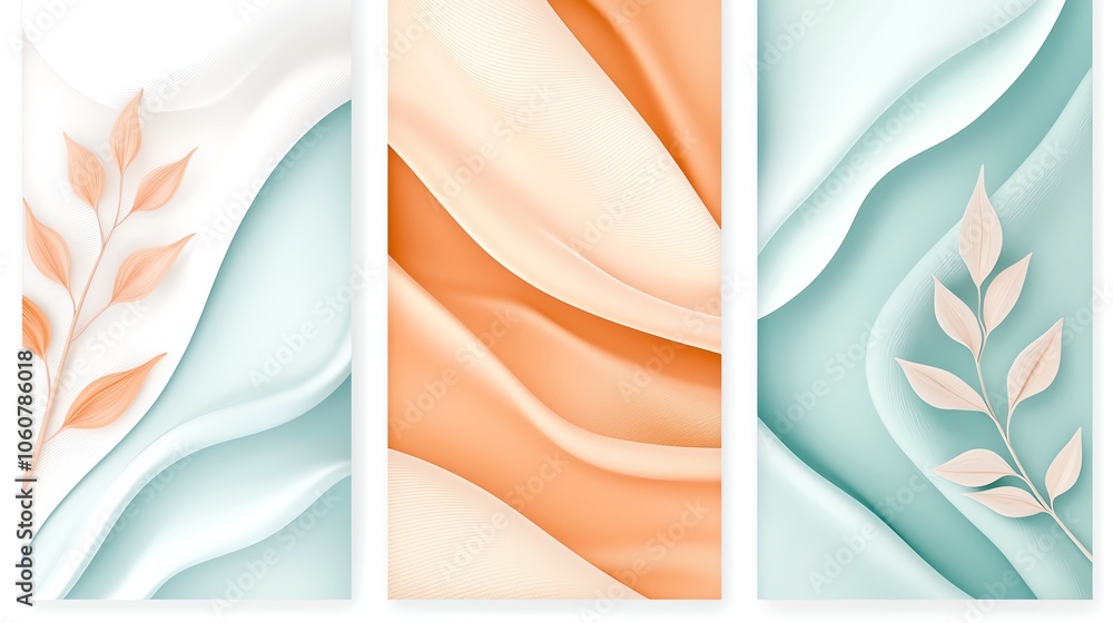 Poster elegant abstract backgrounds featuring flowing pastel colors and delicate leaf patterns, ideal for m