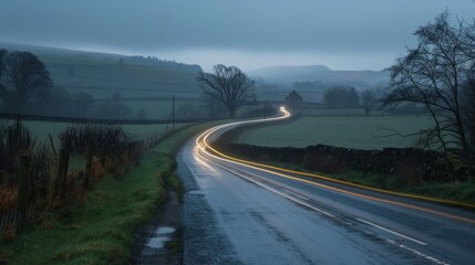 An empty road in the countryside the only signs of activity being the delicate light trails left by passing cars.