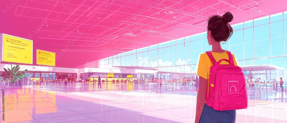 Poster explore a vibrant modern public space depicted in flat design with lively colors and dynamic element