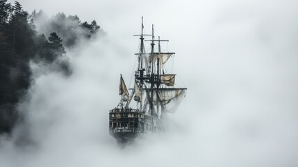 Fototapeta premium Mysterious Tall Ship Sailing Through Misty Forest