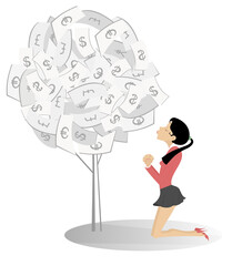 Young woman worshiping money tree. 
Business woman standing in the kneel worshiping a money tree. Concept illustration
