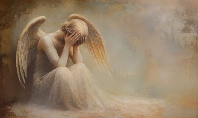 Angel woman in white dress cries with her hands on