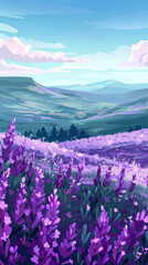 Fototapeta premium ** Stunning Lavender Fields with Rolling Hills and Blue Sky in a Serene Landscape Illustration..**