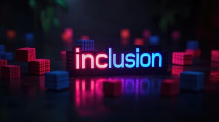 The word "inclusion" formed by vibrant cubes on a dark backdrop, representing the idea of social inclusivity.