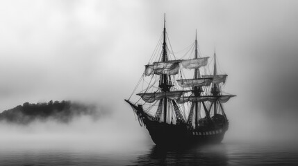 Obraz premium Ghostly Tall Ship Sailing Through Misty Waters