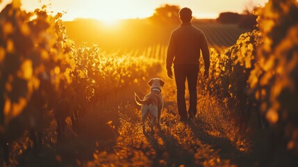 Fototapeta premium Enjoy a sunset walk with your dog in the vineyard