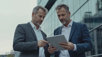 Two business men analyzing a tablet computer together, discussing details related to their ongoing project.