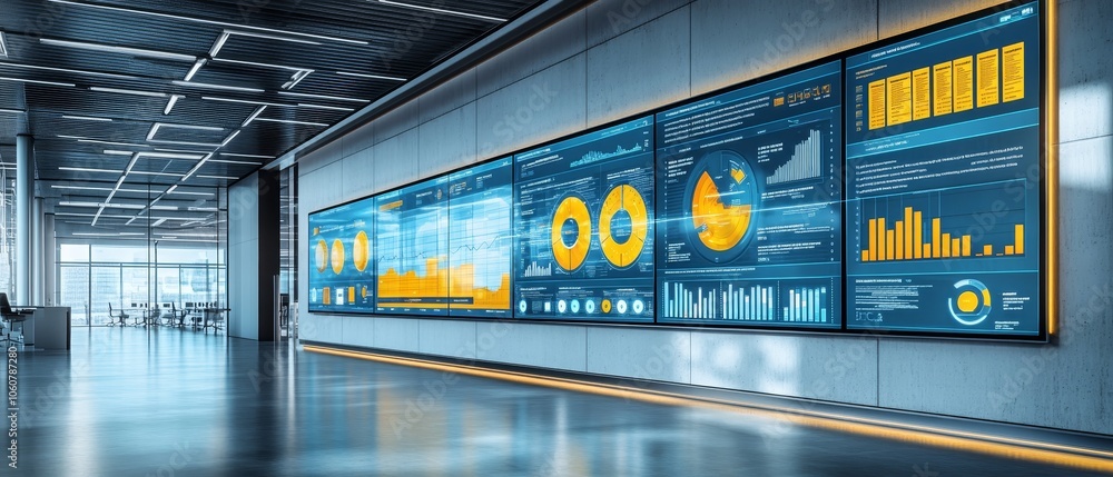 Poster explore a hyperrealistic contemporary office environment featuring advanced data visualization and m