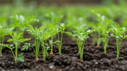 Obraz premium Close-up of freshly planted carrot seedlings emerging from the soil, showcasing the vibrant green leaves and a promise of a bountiful harvest.