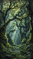 Enchanting Forest Pathway with Sunlight Filtering Through Dense Canopy and Moss-Covered Trees