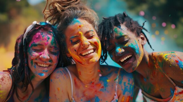 Multiethnic friends celebrating summer holi festival.