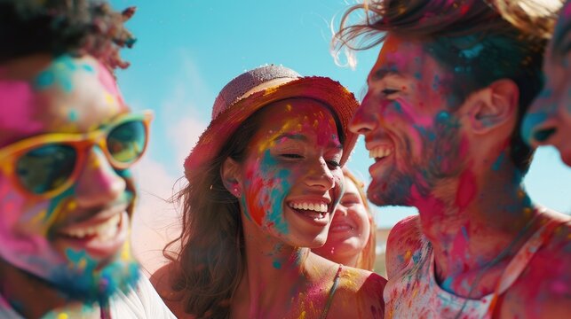 Multiethnic friends celebrating summer holi festival.