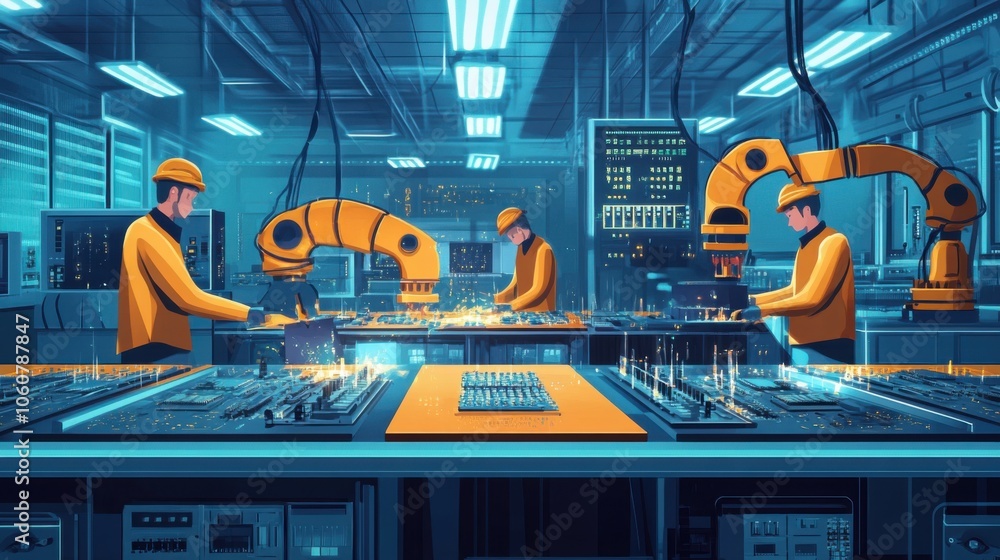Aufkleber electronics assembly line with workers soldering circuit boards