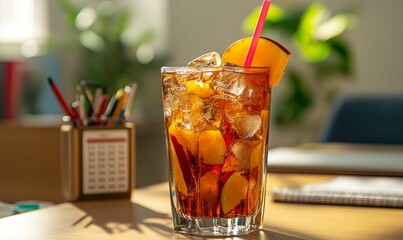 A refreshing iced drink with fruit garnish.