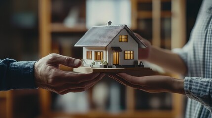 Sale Estate agent giving house model to new client after signing agreement contract with approved property form, Home Insurance and Real estate investment concept.