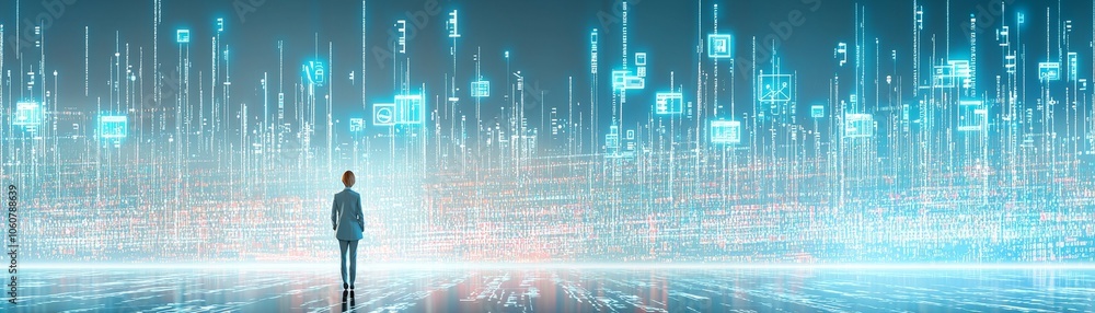 Aufkleber explore the future a person engages in a high-tech environment filled with digital innovations and d