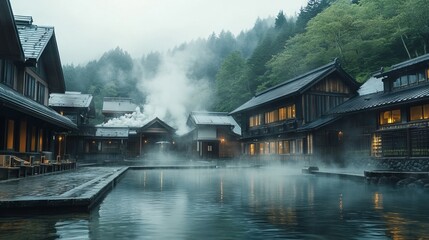 Fototapeta premium Serene Traditional Japanese Hot Spring Resort in the Forest. AI generated illustration