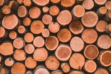 Wood logs stacked neatly, showcasing natural textures and patterns
