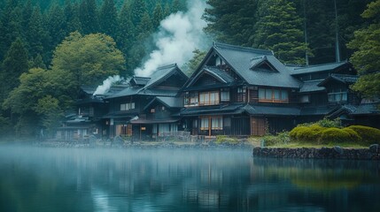Fototapeta premium Serene Traditional Japanese Hot Spring Resort in the Forest. AI generated illustration
