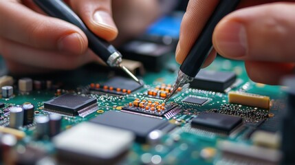 Obraz premium Engineers testing printed circuit boards in an electronics lab