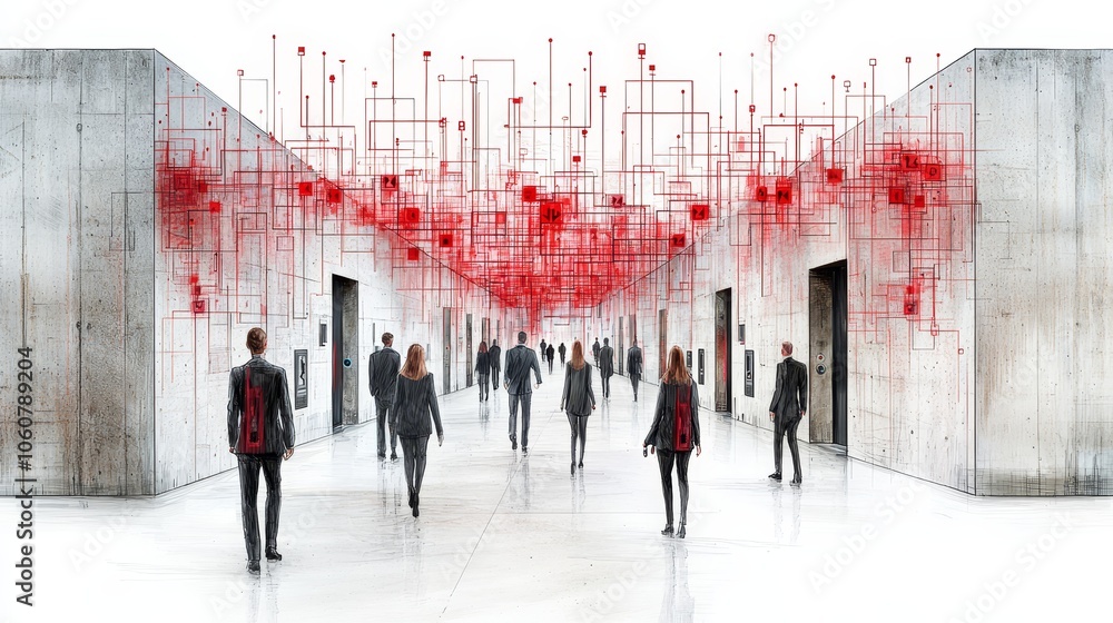 Aufkleber explore a realistic art scene depicting a public area with modern architecture and digital elements