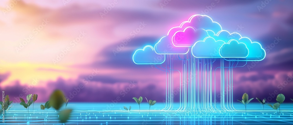 Poster create a synthwave-inspired creative environment with neon clouds and a dreamlike landscape to inspi
