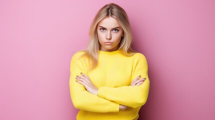 Fototapeta premium A woman stands with her arms crossed and looks at the camera. She is angry or upset. Illustration for cover, card, postcard, interior design, banner, poster, brochure or presentation.
