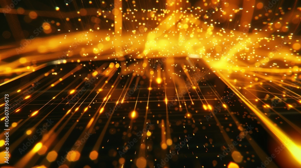 Poster golden particles are flowing over a futuristic grid, creating bright light streaks and bokeh effect,