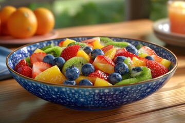 Fototapeta premium A beautifully arranged fruit salad featuring strawberries, blueberries, kiwi, and orange slices in a decorative bowl, placed on a rustic wooden table.