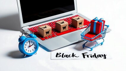 Obraz premium Black Friday: Zakupy online z laptopem i zegarem