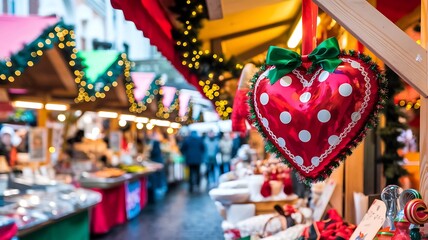 Obraz premium Red and White Heart-Shaped Ornament Hanging at a Christmas Market