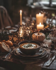 A beautifully arranged dinner table featuring a bowl of soup, pumpkins, and candles creating a warm, inviting atmosphere for autumn gatherings.