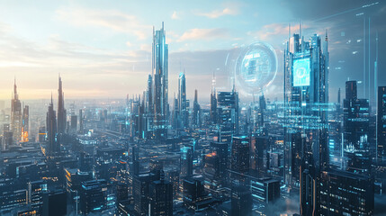 Naklejka premium A futuristic cityscape at dawn with glowing, digital interfaces