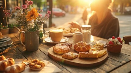 Naklejka premium Fresh Pastries and Coffee on a Sunlit Table