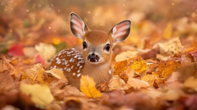 A fawn is lying in a pile of fallen yellow leaves. Curious look of a baby wild animal in its natural habitat. Illustration for a banner, poster, cover, brochure or presentation.