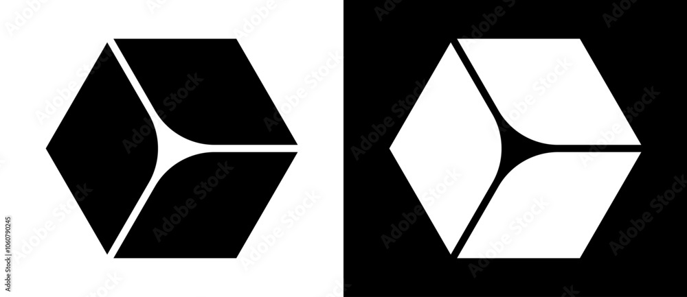 Poster Geometric lines shape. Cube shape icon or logo. Black shape on a white background and the same white shape on the black side.