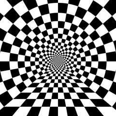 Abstract black and white pattern 
like tunnel. Optical illusion with checkered circle in perspective.