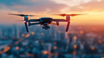 A drone hovering over a cityscape during a stunning sunset, capturing breathtaking aerial views as the golden hour light bathes the skyline.