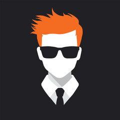 Silhouette of a man with orange hair and glasses, wearing a black tie, simple and minimalist with dark background