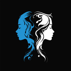 A minimalistic design with the silhouette of two heads in profile, blue and white on a black background, created using vector graphics